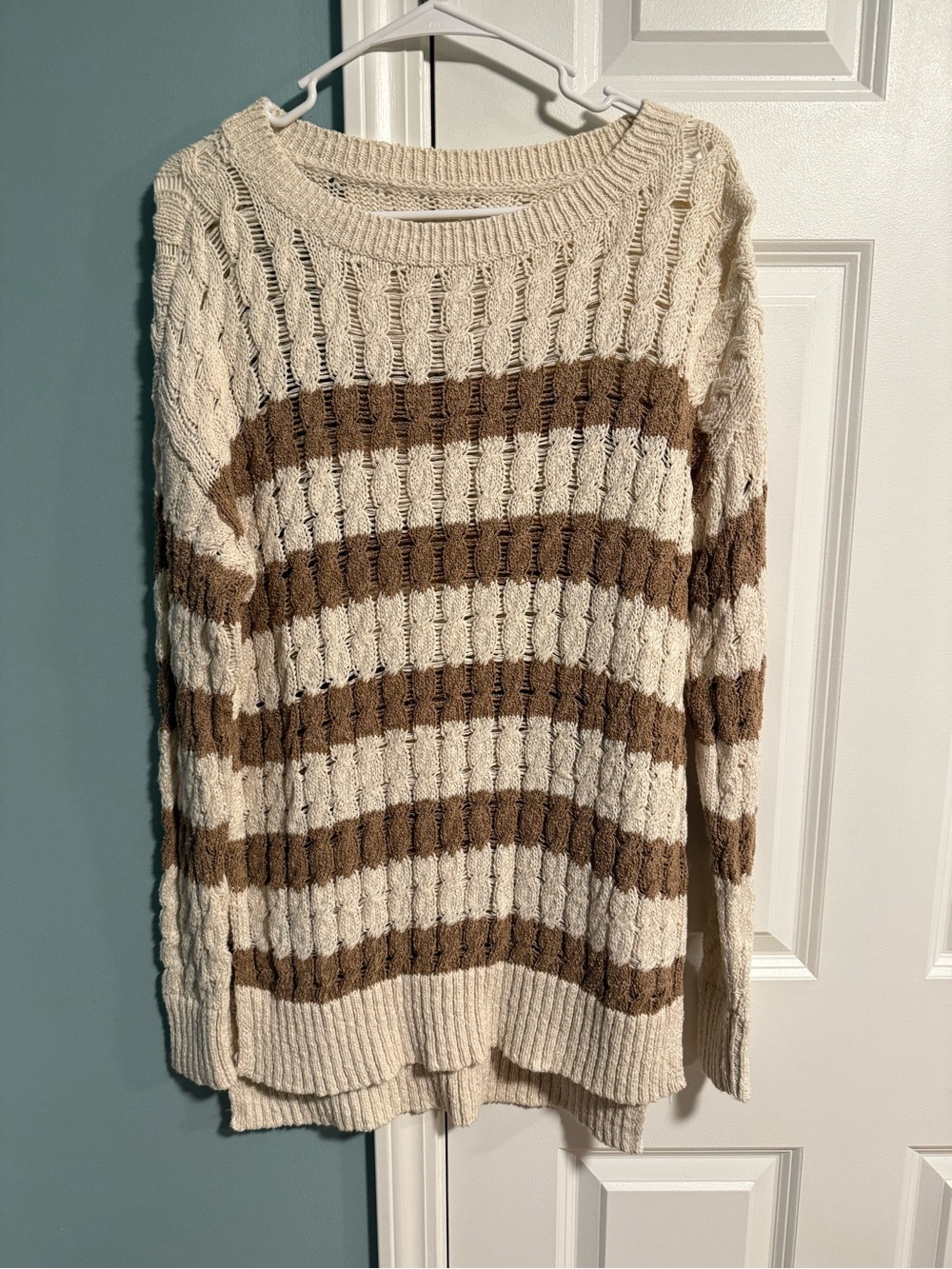 Pilcro Cream and Brown Striped Cable Crew Sweater